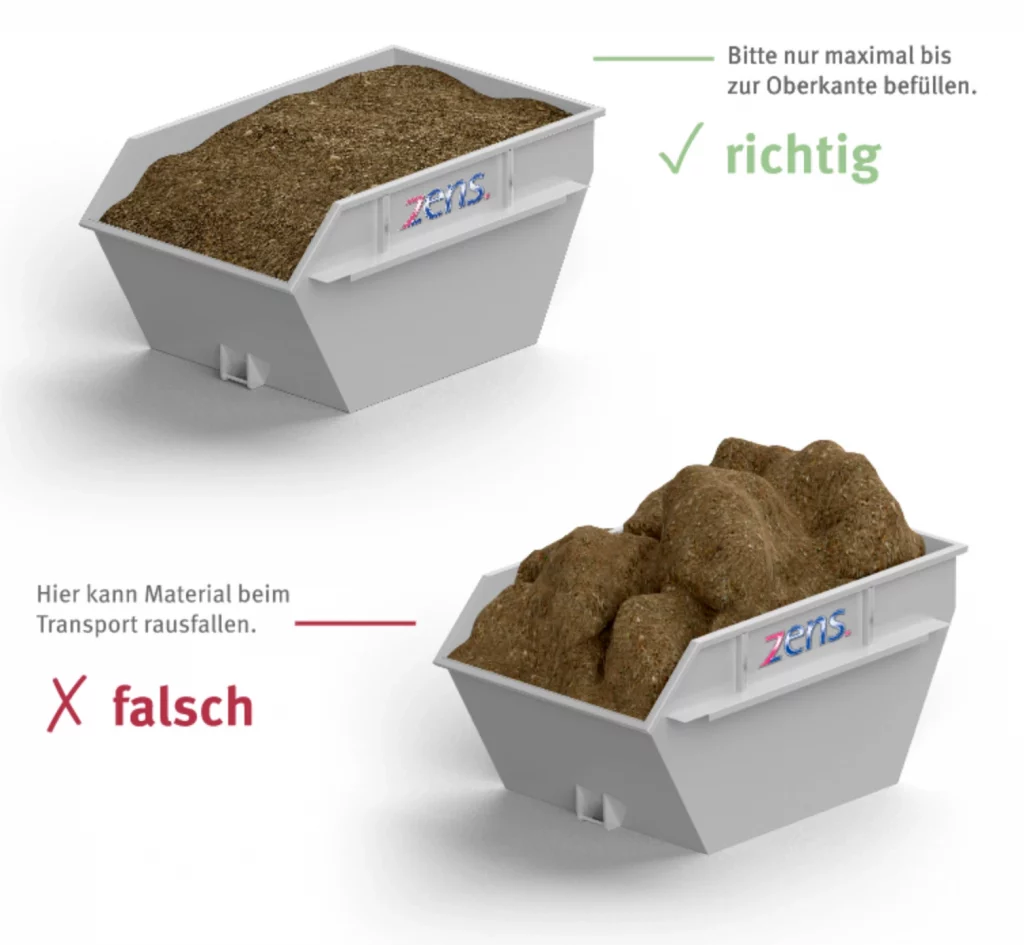 Grafik mit zwei Abbildungen eines Containers zur Erklärung der richtigen Befüllung. Oben ist ein Container dargestellt, der maximal bis zur Oberkante befüllt ist. Daneben steht der Hinweis „Bitte nur maximal bis zur Oberkante befüllen“ mit grünem Haken und dem Wort „richtig“. Unten ist ein Container über die Oberkante hinaus befüllt, sodass das Material herausragt. Daneben steht der Hinweis „Hier kann Material beim Transport rausfallen“ mit rotem Kreuz und dem Wort „falsch“.